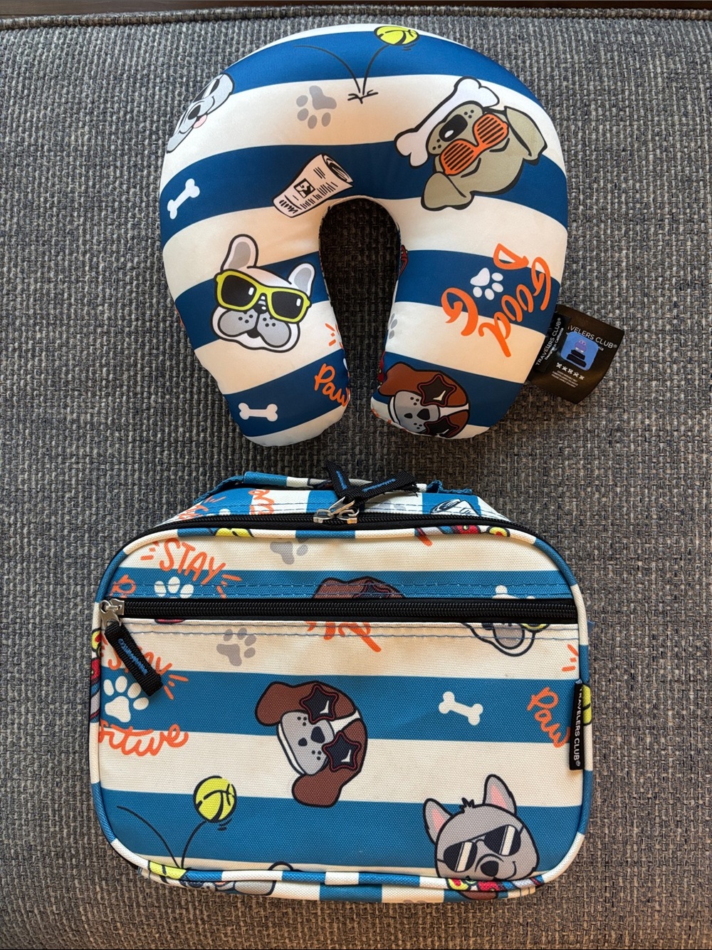 Travelers Club Kids Blue Striped "Cool Dog" Travel Neck Pillow + 10" Lunch Bag